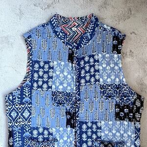 Quilted Patchwork Boho Vest Indigo Blue XL Cotton Block Print Floral Indie Folk